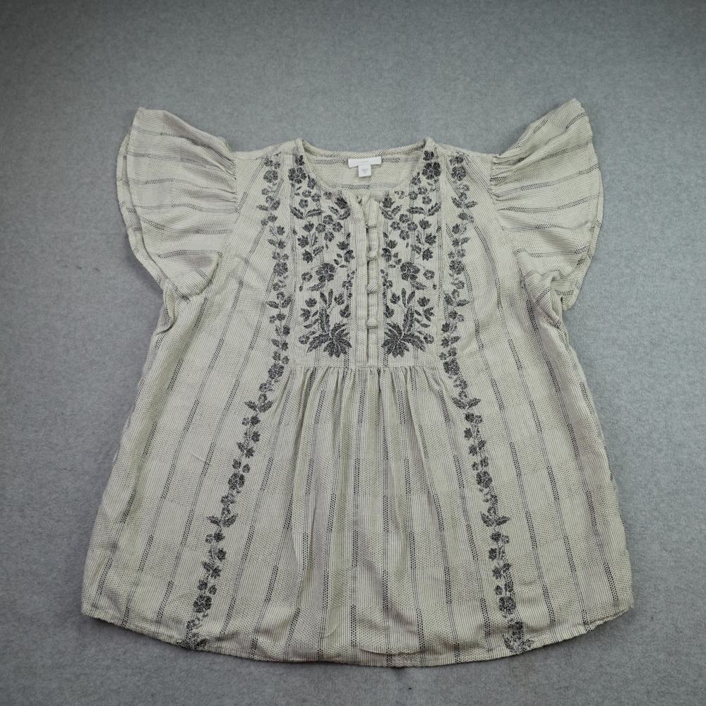 J. Jill Blouse Womens XS Ivory Boho Flutter Sleeve Top Floral Striped